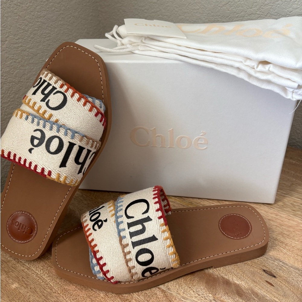 Chloé Woody Logo Multicolored Stitch Slide Sandals, Size 40